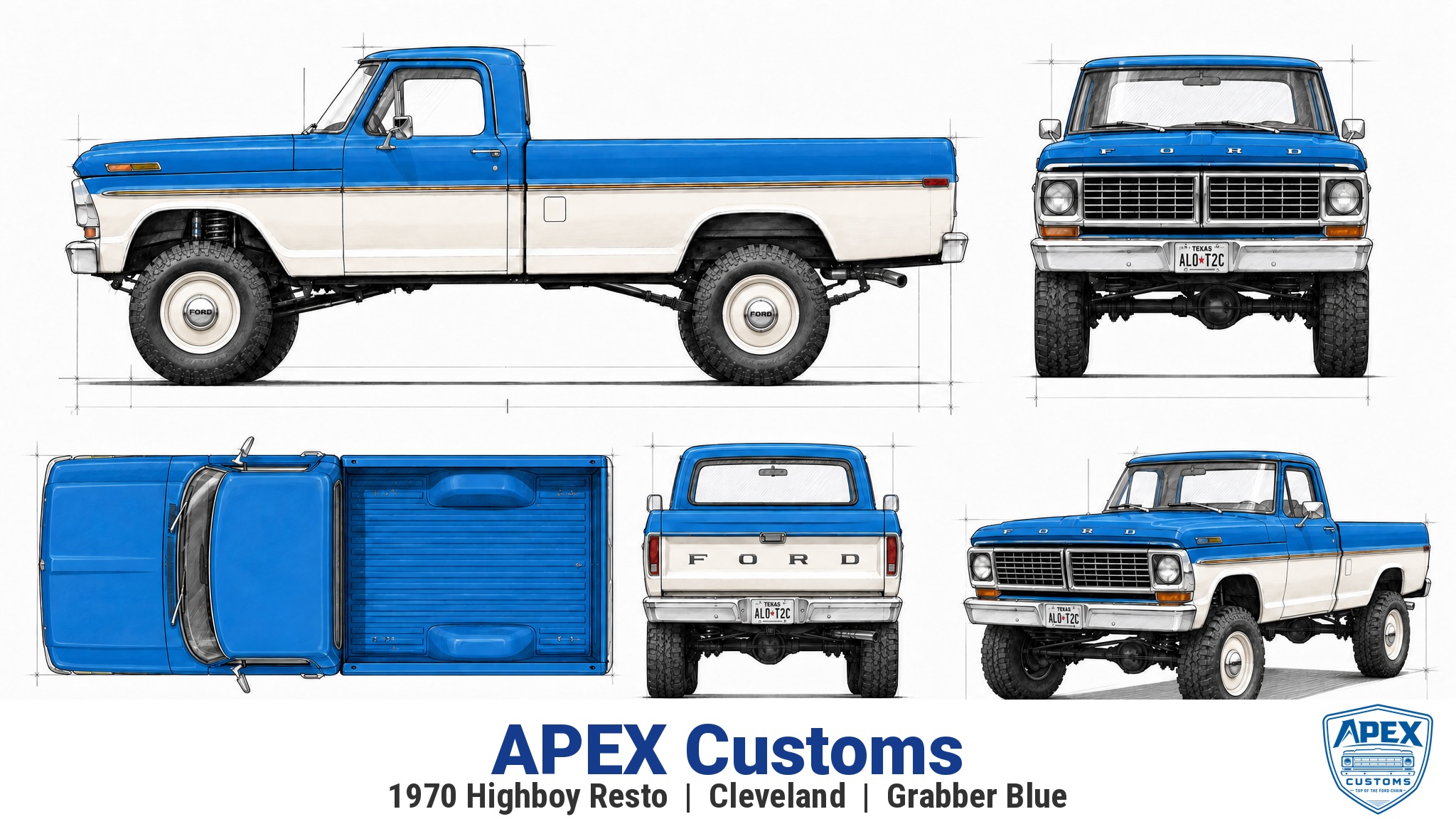 1970 Ford F-Series Highboy Restomod — multi-view blueprint render in Grabber Blue