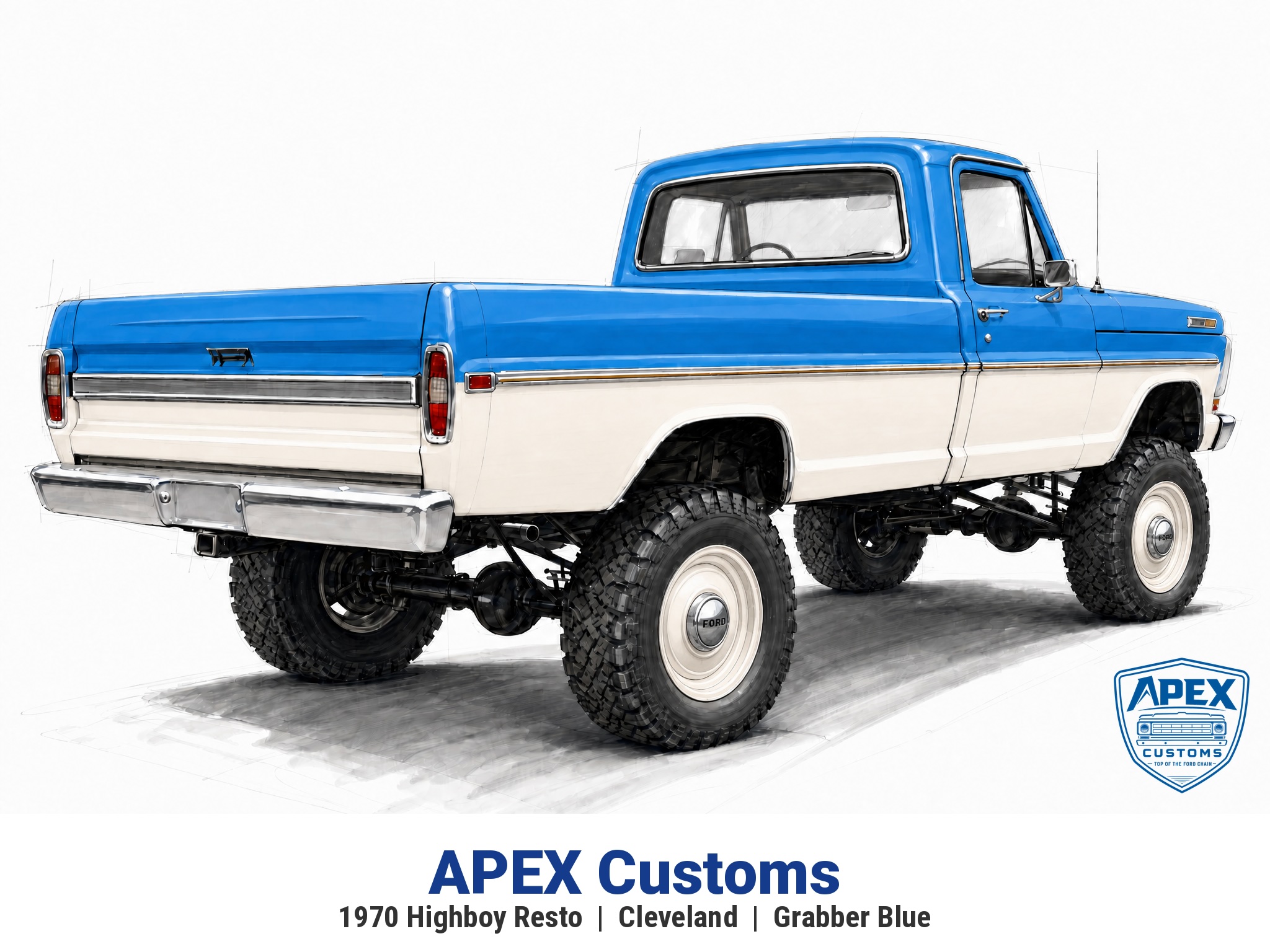 1970 Ford F-Series Highboy Restomod — rear three-quarter view in Grabber Blue