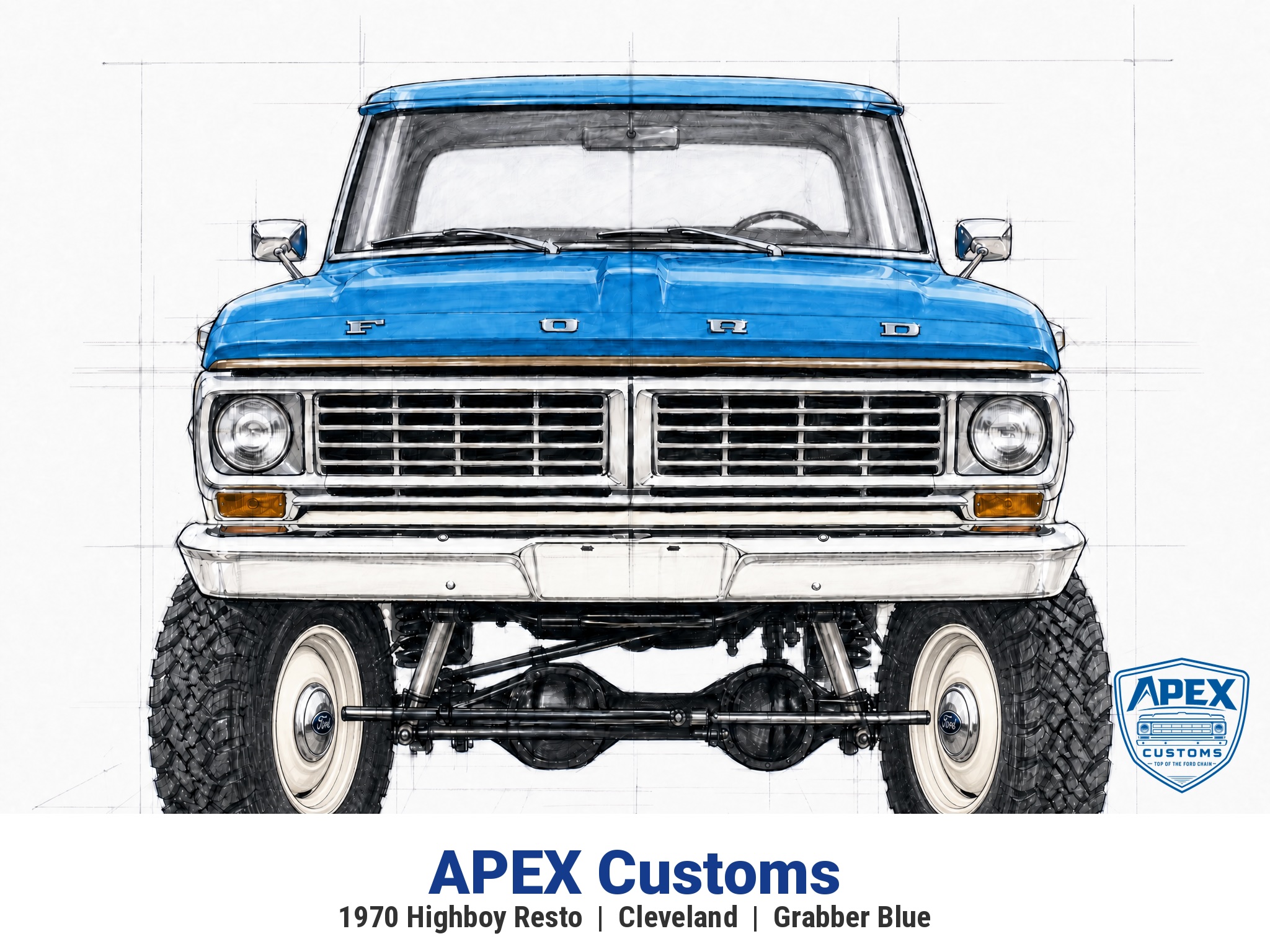 1970 Ford F-Series Highboy Restomod — front view in Grabber Blue